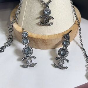 Chanel Stud Earrings Silver Gray CC Drop Earrings